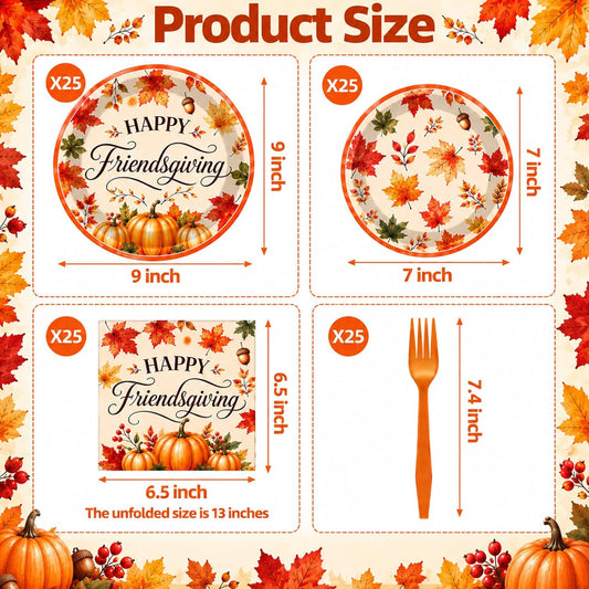 100 Pieces Happy Friendsgiving Tableware Set, Maple Leaf Pumpkin Paper Plates, Napkins, and Plastic Forks for Thanksgiving Dinner, Fall Harvest Autumn Family Gathering, Friendsgiving Table Decorations