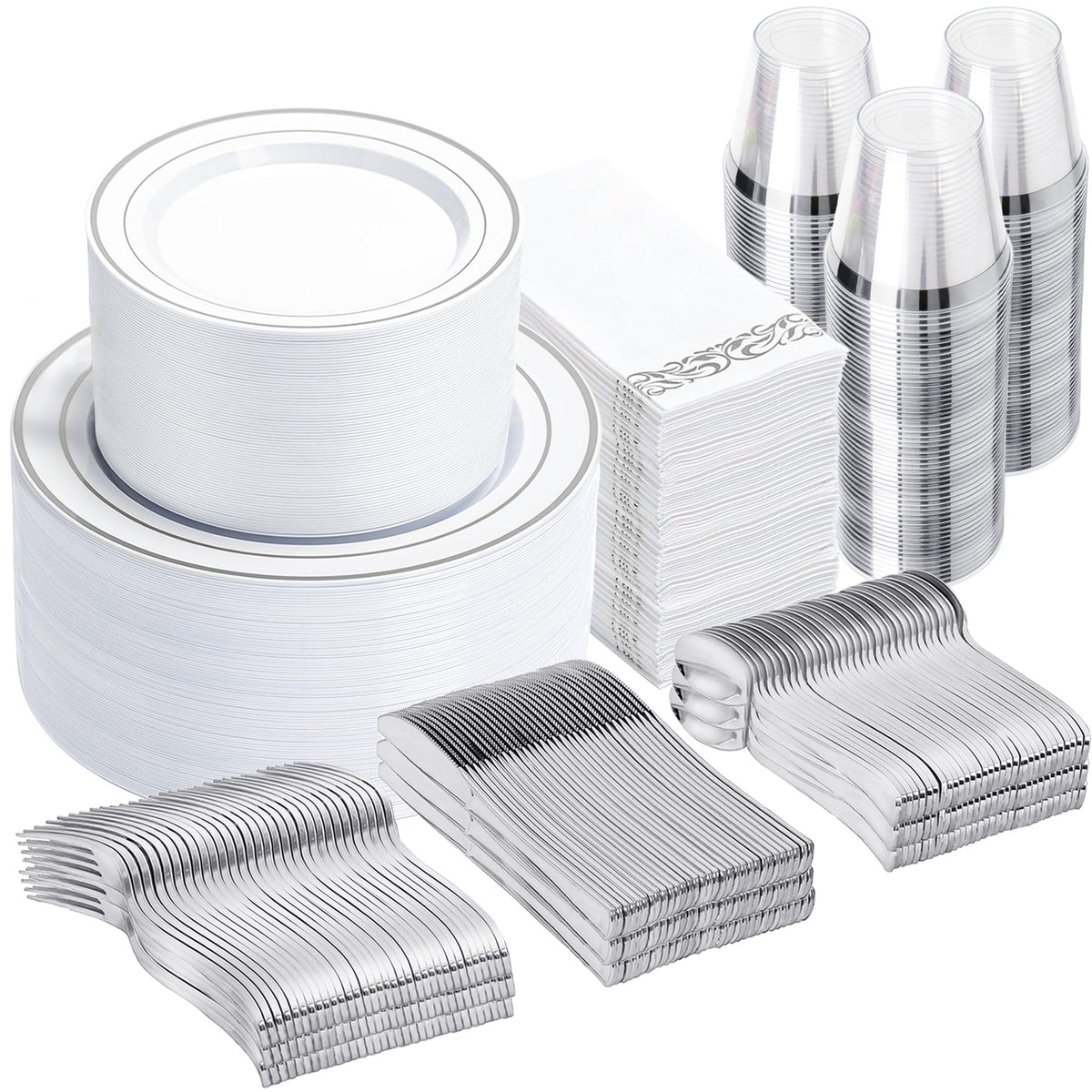 N9R 600PCS White and Gold Plastic Plates, Disposable Dinnerware Set