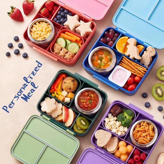 Bento Lunch Box for Kids with 8oz Soup Thermo Leak-Proof Lunch Food Containers with Snack Sauce Container for Kid Girls Boys to School,Blue Bag