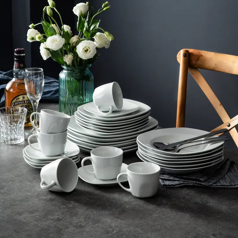MALACASA Porcelain Dinnerware Set - Square Ceramic Plates & Bowls Set, 18/24/30/36/50 Pieces, Modern Design, Dishwasher & Microwave Safe Cutlery Winter Holiday