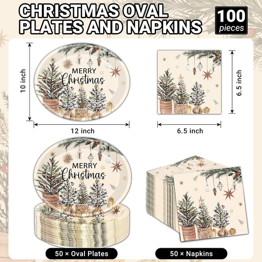 100Pcs Merry Christmas Oval Paper Plates and Napkins ,12"x10" Beige Plates