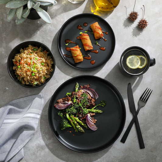 Gibson Home Zuma Stoneware Plates, Bowls, & Mugs Dinnerware Set - Matte Black, Service for Four (16pcs)