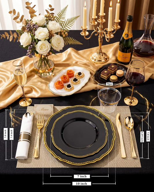 Hioasis 175 Pcs Black and Gold Plastic Plates Wedding & Party
