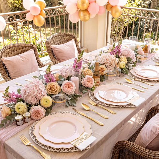 NOCCUR 175PCS Pink Plates with Gold Disposable Silverware - Include 50 Pink Plastic Plates,25 Knives,25 Forks,25 Spoons,25 Cups and 25 Napkins - Ideal for Party/Wedding/Banquet/Baby Shower