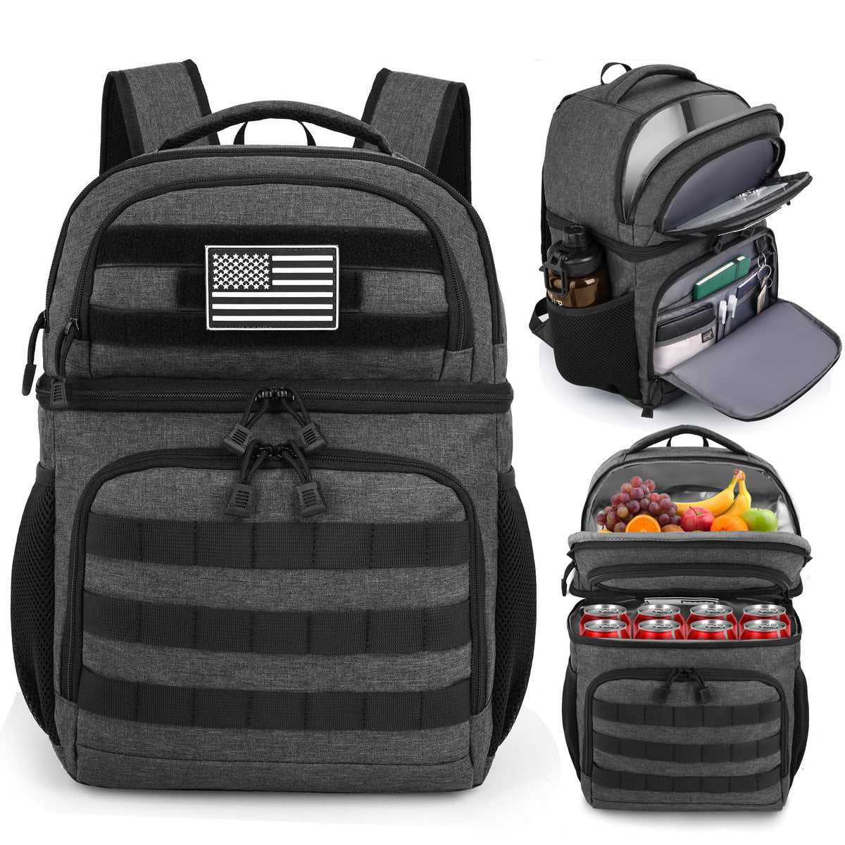 MOZETO Lunch Backpack for Men, Tactical Inspired Double Deck Cooler Backpack Insulated Leakproof RFID Lunchbox for Work (Black)