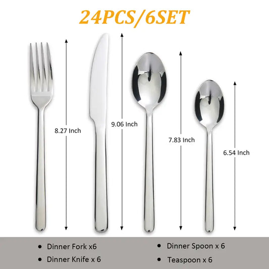 24PCS Stainless Steel Cutlery Set - Smooth Rounded Handle, Mirror Polished, Dishwasher Safe, Service for 6, Family Home Dinners Tableware for Restaurant or Camping