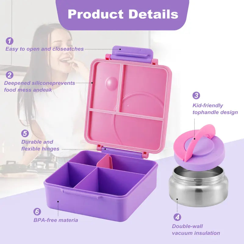 ChicLab Unicorn Pattern Reusable Lunch Box - 4 BPA-Free Compartments, Airtight Leakproof Insulated Sturdy Tableware with 8oz Soup Thermos, Portable Lightweight for School