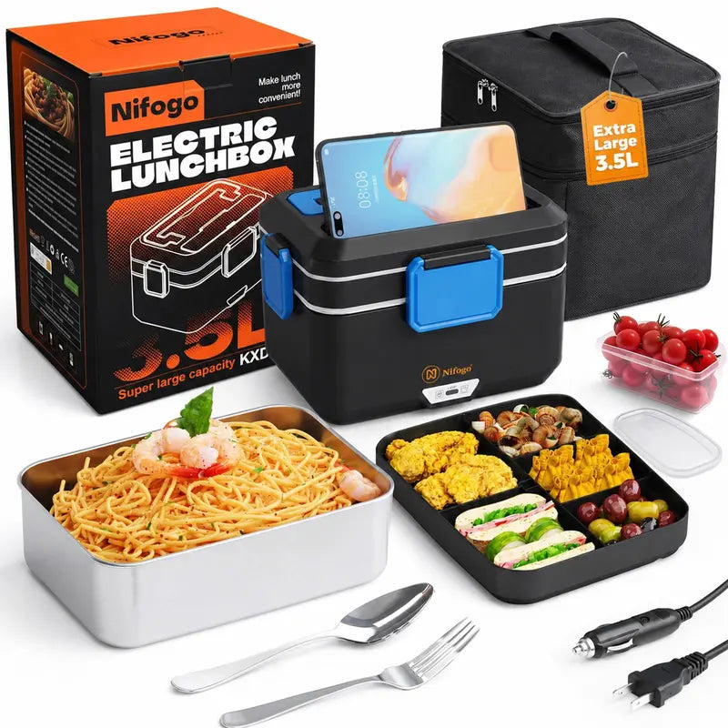 100W Fast-Heating Thermal Lunch Box for Adults, Portable Plastic Insulated Lunch Box with Insulated Bag, 12V/24V Car & 110V Home Dual Use, Rainproof Plug Lonchera Electrica