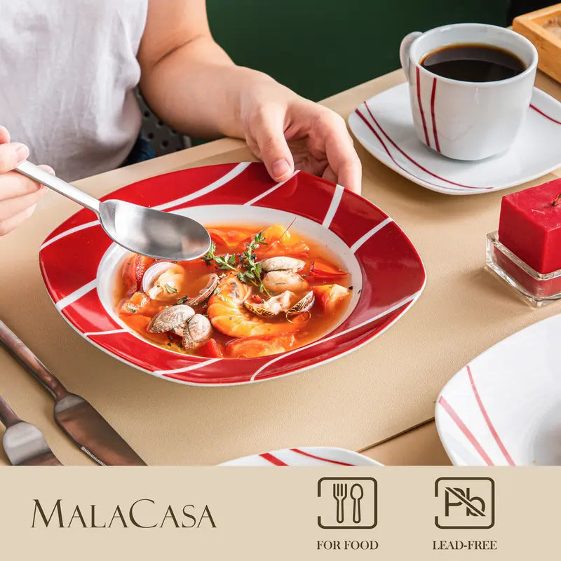 MALACASA Fiesta Dinnerware Sets, 18/24/30 PCS-Porcelain Square Dishes, Modern Dish Set for 6 - Plates and Bowls Sets, Cups and Saucers Set - Series FELISA Winter Holiday summerwins