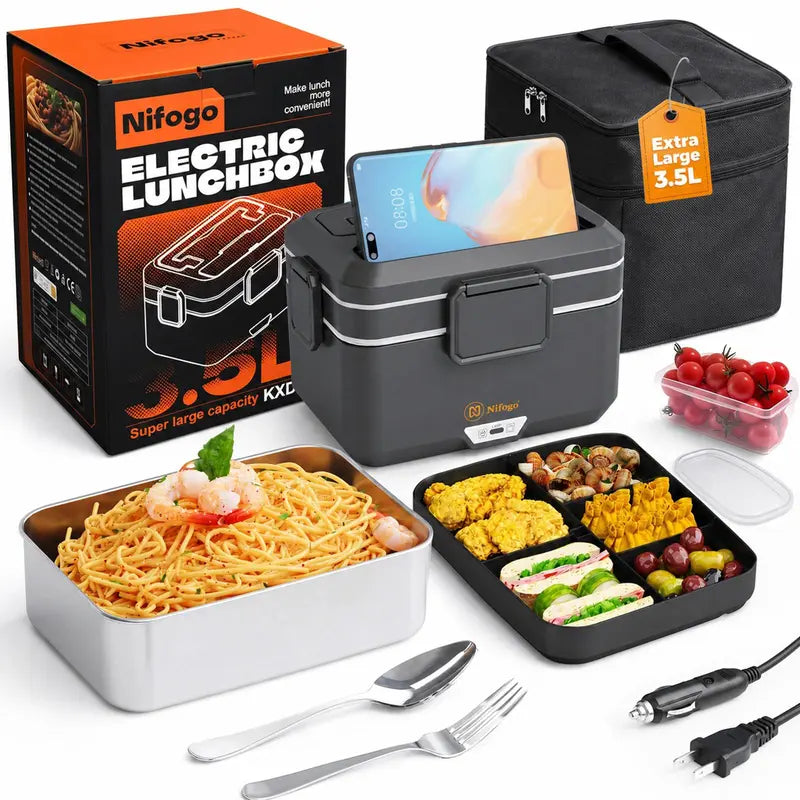 100W Fast-Heating Thermal Lunch Box for Adults, Portable Plastic Insulated Lunch Box with Insulated Bag, 12V/24V Car & 110V Home Dual Use, Rainproof Plug Lonchera Electrica