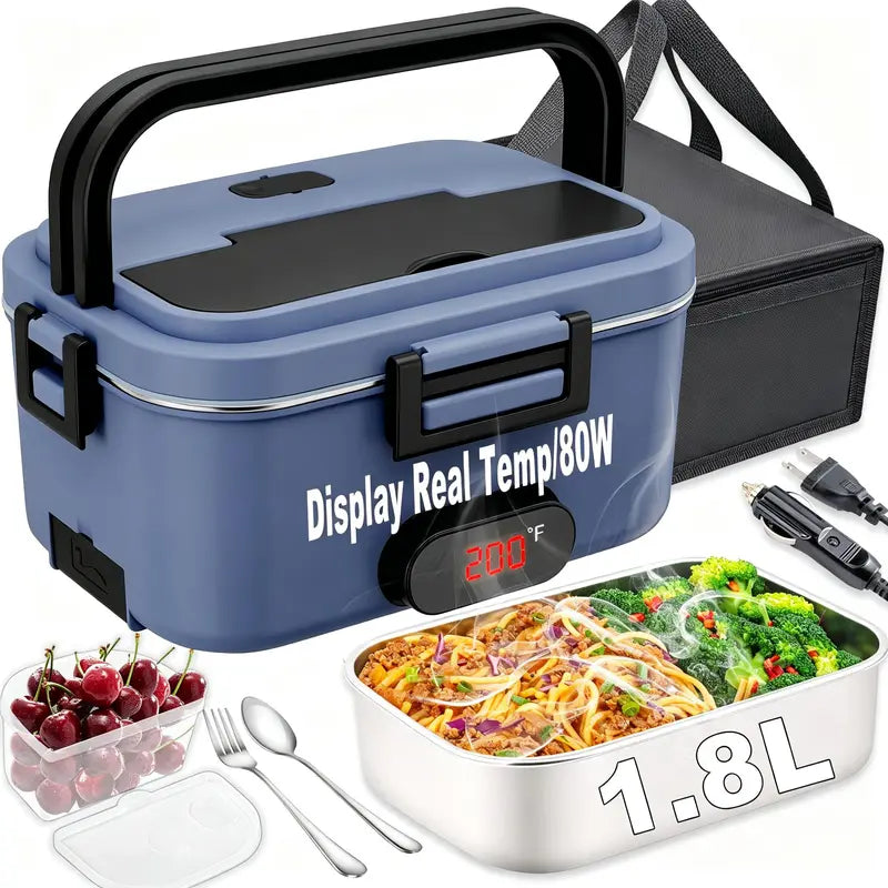 100W Fast-Heating Thermal Lunch Box for Adults, Portable Plastic Insulated Lunch Box with Insulated Bag, 12V/24V Car & 110V Home Dual Use, Rainproof Plug Lonchera Electrica