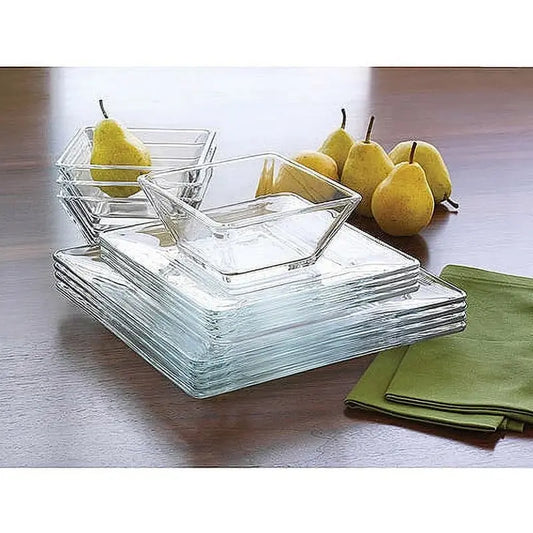 12-Piece Square Shape Transparent Glass Dinnerware Set - Dishwasher Safe Plates & Bowls for Everyday Home Kitchen Dining Table Use