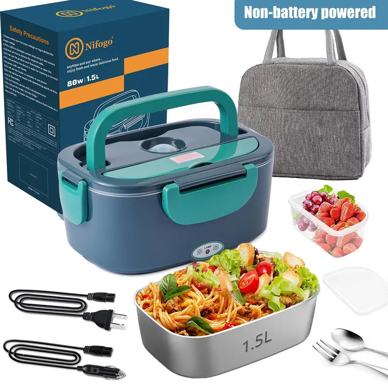 Nifogo 1-Layer Electric Heated Lunch Box - Thermal, 1.5L/1.8L/2.5L Fast Heating, Leak-Proof Insulated, 110V-12V-24V Portable with Tableware Inside & Insulated Lunch Bag for Home, Work