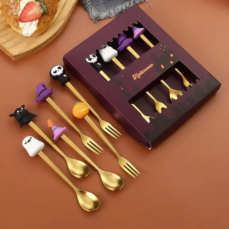 Halloween Stainless Steel Cutlery Set, Tableware Sets, Durable Tableware, Dinnerware, Tableware Kit, Kitchen Dining Utensils, 6-Piece Colorful Dessert Spoons & Fruit Forks, Long Handle Stirring Spoon, Perfect Gift Idea