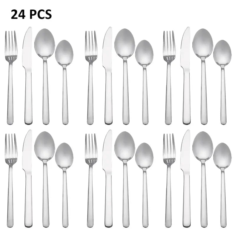 24PCS Stainless Steel Cutlery Set - Smooth Rounded Handle, Mirror Polished, Dishwasher Safe, Service for 6, Family Home Dinners Tableware for Restaurant or Camping