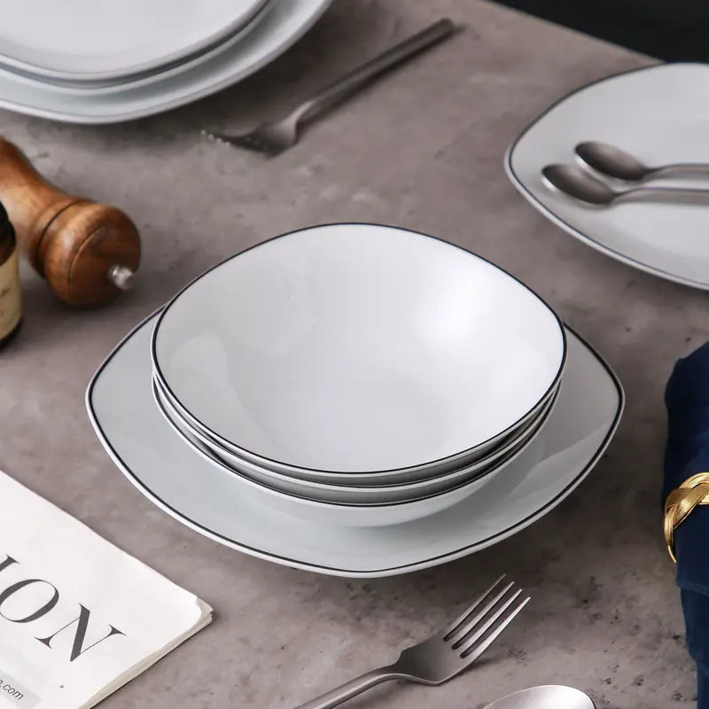 MALACASA Porcelain Dinnerware Set - Square Ceramic Plates & Bowls Set, 18/24/30/36/50 Pieces, Modern Design, Dishwasher & Microwave Safe Cutlery Winter Holiday