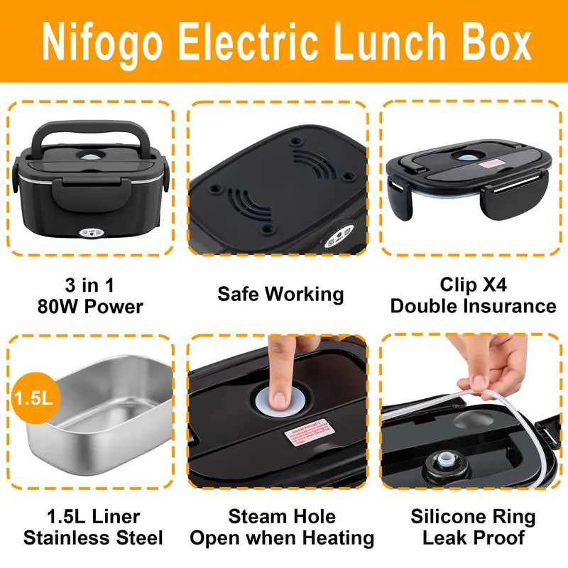 100W Fast-Heating Thermal Lunch Box for Adults, Portable Plastic Insulated Lunch Box with Insulated Bag, 12V/24V Car & 110V Home Dual Use, Rainproof Plug Lonchera Electrica