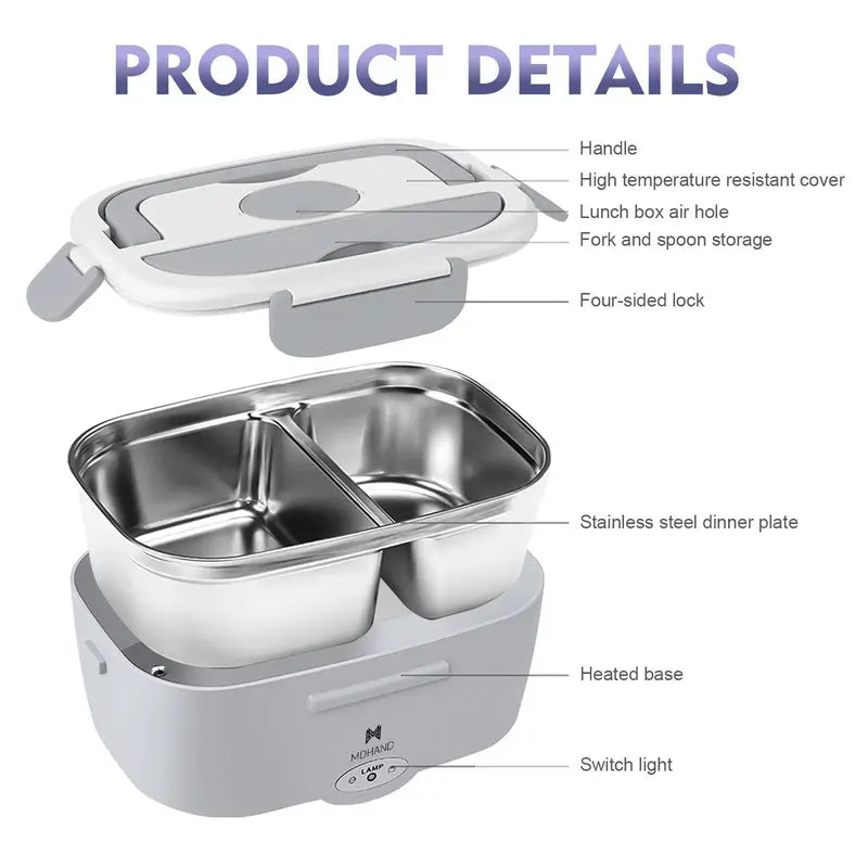 Modern Stainless Steel Insulated Heated Lunch Box with Tray, Lid, Plastic Fork, Spoon, Insulated Bag & Tableware Bag - 12V-24V Car Portable Food Warmer with 2 Different Plugs, 360° Even Fast Heat, Temperature-Controlled for Truck Drivers, Travel