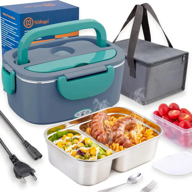 100W Fast-Heating Thermal Lunch Box for Adults, Portable Plastic Insulated Lunch Box with Insulated Bag, 12V/24V Car & 110V Home Dual Use, Rainproof Plug Lonchera Electrica