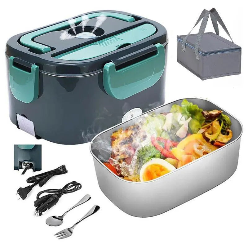 2-in-1 Electric Heating Durable Bento Box for Adults - Leakproof Lunch Box with Handle, 4 Removable Stainless Steel Containers, 2 Plugs (110V-12V-24V 60W) for Car/Truck/Home, Kitchenware Tableware