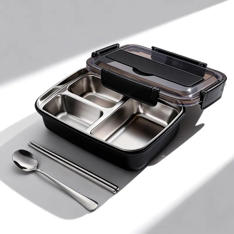 Geometric BPA-Free Personal Lunch Box - Aesthetic Compact for Backpacks Insulated Reusable Thermal Tableware, 3-Grid Steel & Silicone Set, Blue, Includes Spoon, Chopsticks, Snack Container, Ideal for School Kids