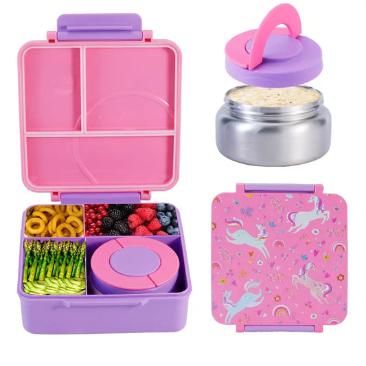 ChicLab Unicorn Pattern Reusable Lunch Box - 4 BPA-Free Compartments, Airtight Leakproof Insulated Sturdy Tableware with 8oz Soup Thermos, Portable Lightweight for School