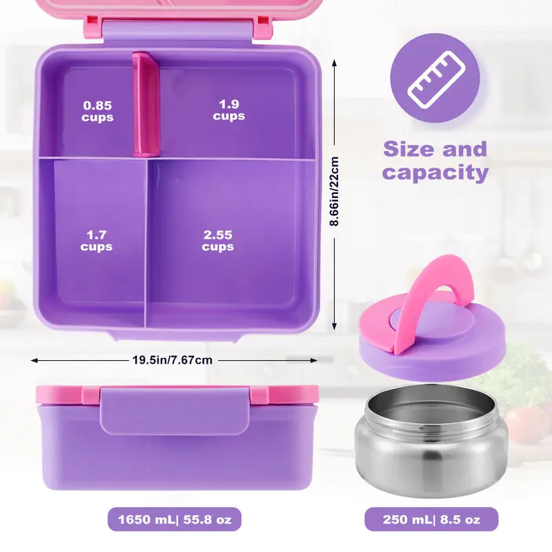 ChicLab Unicorn Pattern Reusable Lunch Box - 4 BPA-Free Compartments, Airtight Leakproof Insulated Sturdy Tableware with 8oz Soup Thermos, Portable Lightweight for School