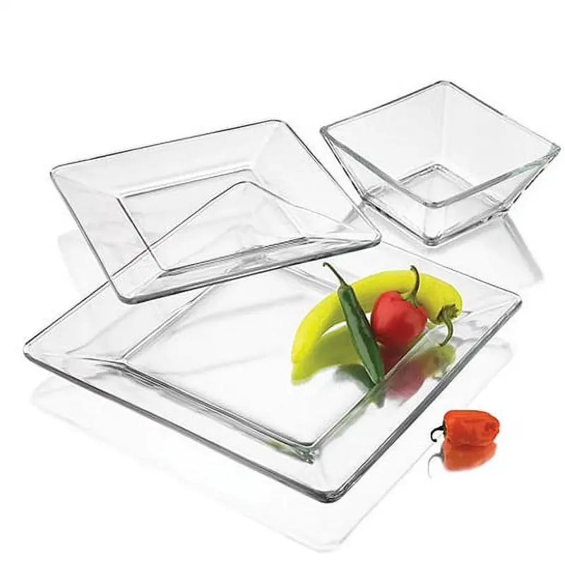 12-Piece Square Shape Transparent Glass Dinnerware Set - Dishwasher Safe Plates & Bowls for Everyday Home Kitchen Dining Table Use