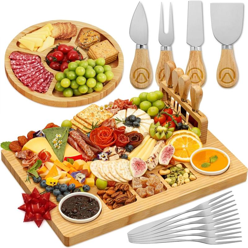 Yes4Quality Large Size Bamboo Charcuterie Board Gift Set - 15-Piece Deluxe or 23-Piece Premium Set with Juice Groove, Fruit Tray, Cheese Knives, Ceramic Bowls, Wine Opener, Organized Layout Utensil Drawer, Dishwasher-Safe Tableware, Adult Kitchen Decor, R