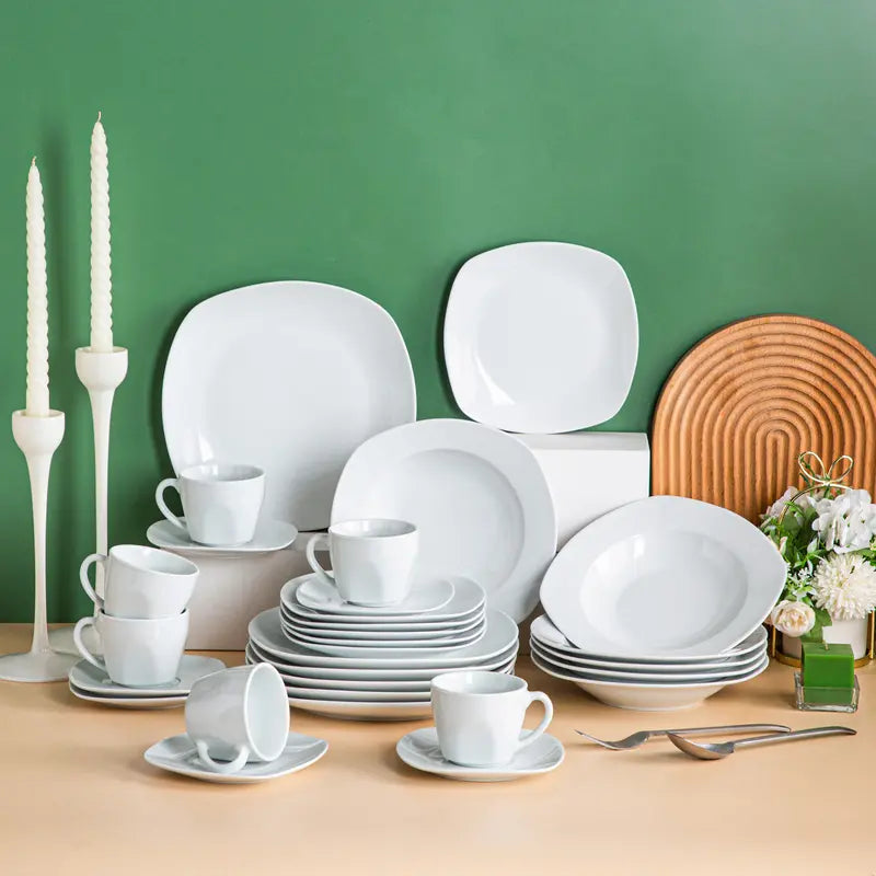 MALACASA Dinnerware Sets, Grey White Plates and Bowls Sets for 6, 18/30 Pieces Mordern Square Dinnerware Sets, Series Julia Winter Holiday