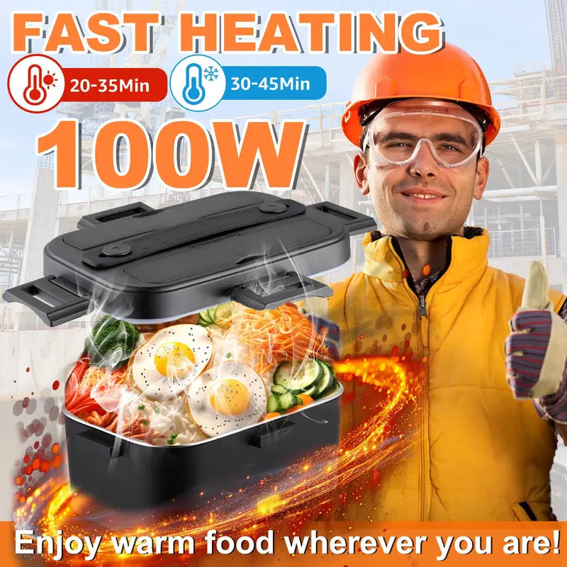 100W Fast-Heating Thermal Lunch Box for Adults, Portable Plastic Insulated Lunch Box with Insulated Bag, 12V/24V Car & 110V Home Dual Use, Rainproof Plug Lonchera Electrica