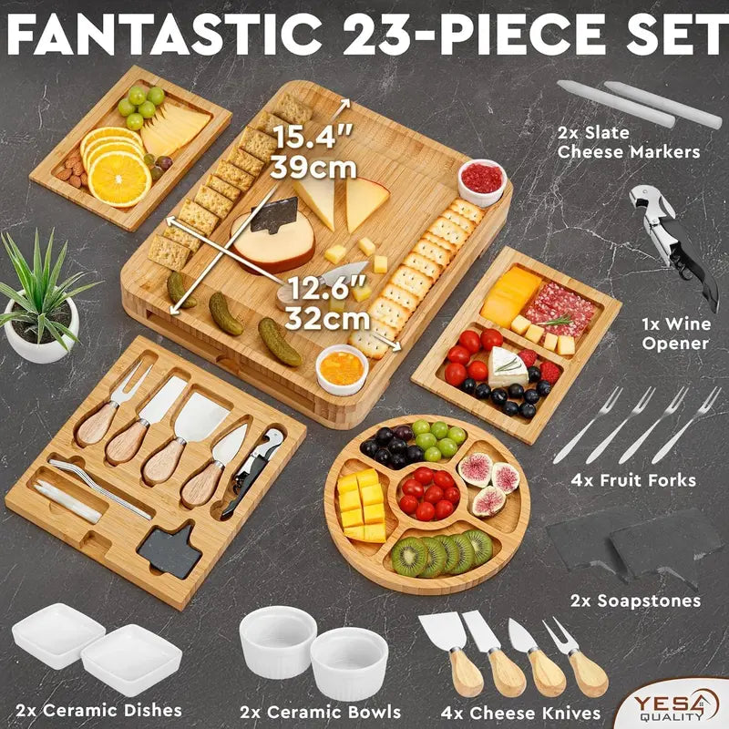 Yes4Quality Large Size Bamboo Charcuterie Board Gift Set - 15-Piece Deluxe or 23-Piece Premium Set with Juice Groove, Fruit Tray, Cheese Knives, Ceramic Bowls, Wine Opener, Organized Layout Utensil Drawer, Dishwasher-Safe Tableware, Adult Kitchen Decor, R