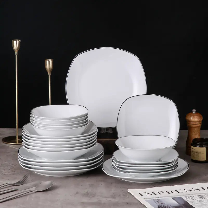 MALACASA Porcelain Dinnerware Set - Square Ceramic Plates & Bowls Set, 18/24/30/36/50 Pieces, Modern Design, Dishwasher & Microwave Safe Cutlery Winter Holiday
