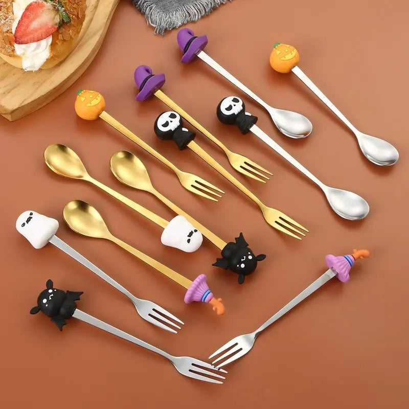 Halloween Stainless Steel Cutlery Set, Tableware Sets, Durable Tableware, Dinnerware, Tableware Kit, Kitchen Dining Utensils, 6-Piece Colorful Dessert Spoons & Fruit Forks, Long Handle Stirring Spoon, Perfect Gift Idea