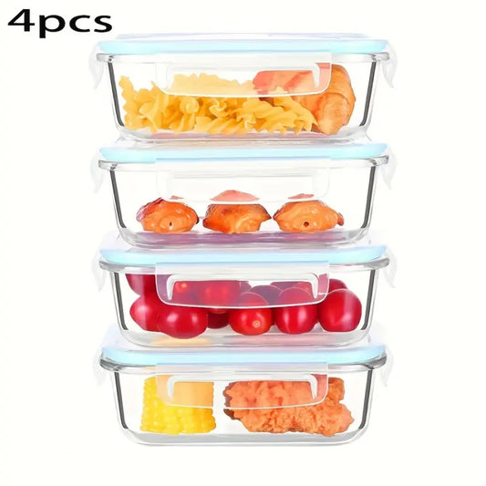 4 Pack Microwave Safe Glass Food Containers Food Storage Reusable Leakproof Lunch Boxes for Office Home School Camping Picnic Meal Prep Glass Containers