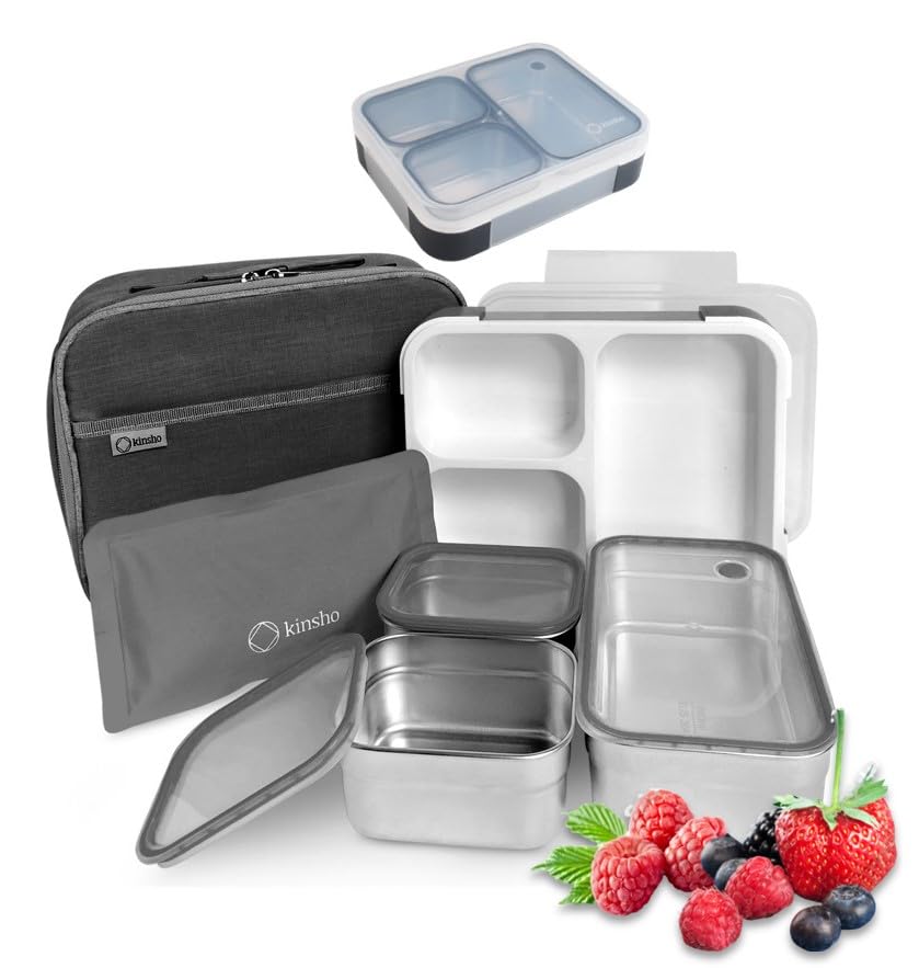 Stainless Steel Big Bento Lunch Box Set For Adults, Kids - Insulated Bag and Ice Pack - Large Leak-Proof Metal Compartment Meal Prep Food & Snack Containers for Work Travel School, 42 oz Grey Black