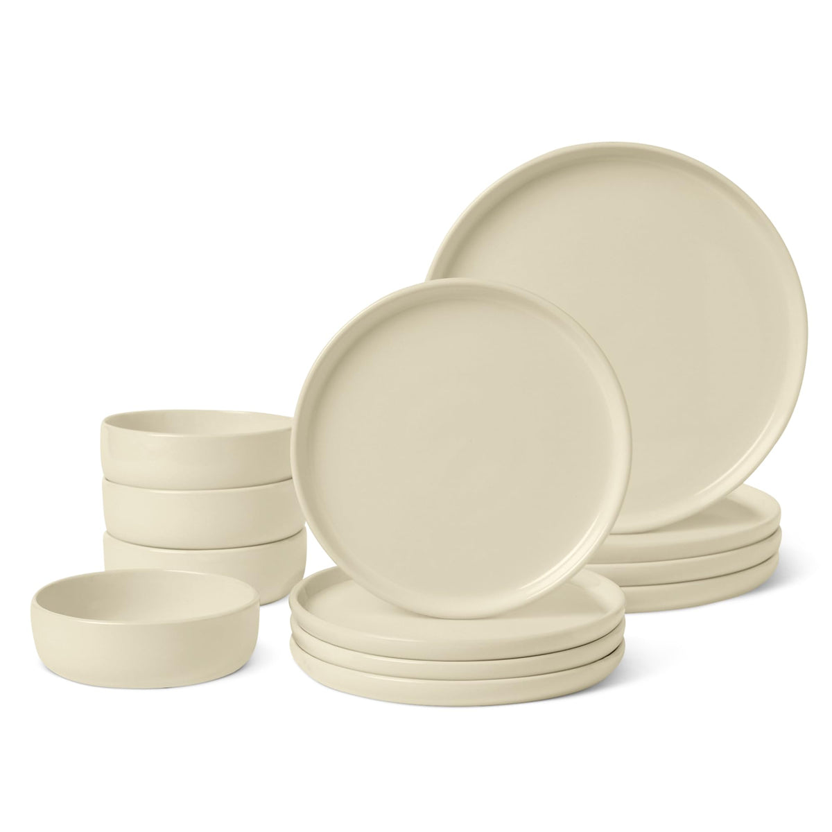 Amazon Basics Glazed Stoneware Dinnerware, 12-Piece Set, 4 Full Place Settings, Microwave and Dishwasher-Safe, Olive