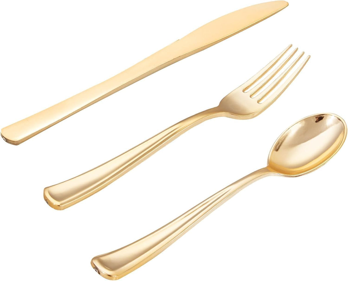 WDF300 Pieces Gold Plastic Silverware - Heavy Duty Disposable Cutlery Set Plastic Gold Silverware Set Includes 100 Forks, 100 Spoons, 100 Knives for Party/Baby Shower/Wedding/Birthday/Thanksgiving