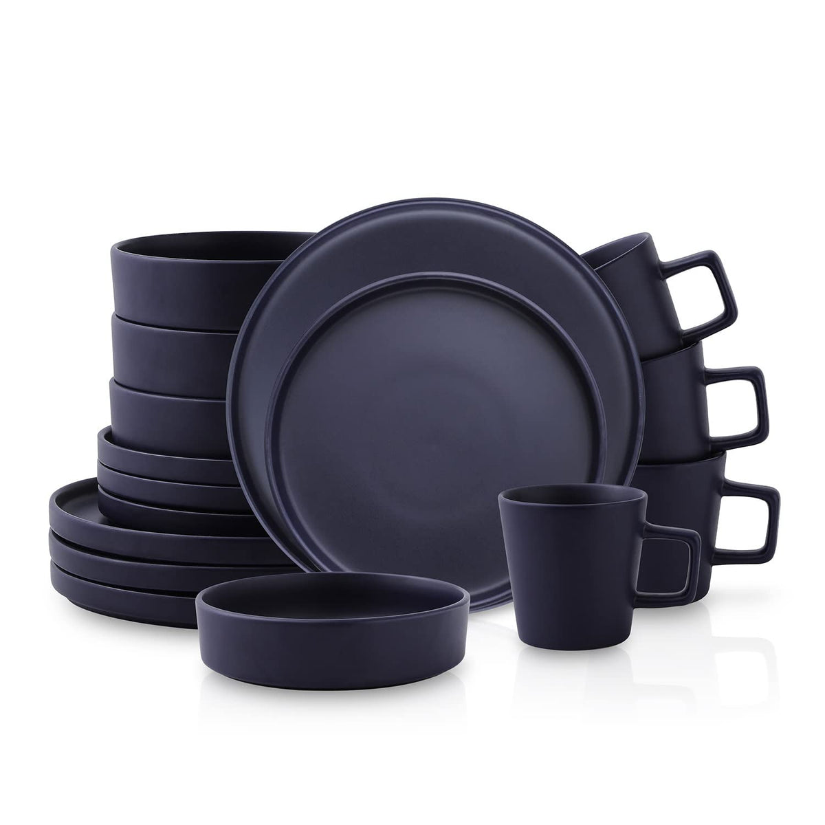 Stone Lain Celina Stoneware 16 Piece Dinnerware Set, Plates and Bowls, Black Matte Dish, Service for 4 – Minimalist Round Style, Microwave & Dishwasher Safe