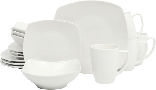 Gibson Home Zen Buffet White Porcelain Dinnerware Set for 4, Square Plates Bowls and Mugs, Chip and Scratch Resistant, Dishwasher and Microwave Safe, 16 Piece