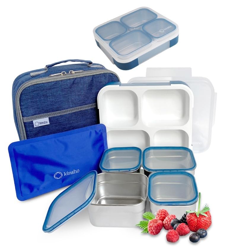 Stainless Steel Big Bento Lunch Box Set For Adults, Kids - Insulated Bag and Ice Pack - Large Leak-Proof Metal Compartment Meal Prep Food & Snack Containers for Work Travel School, 42 oz Grey Black