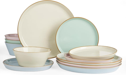 Famiware Saturn Dinnerware Sets, Ceramic Dishes for 4, Rimmed Plates, Bowls