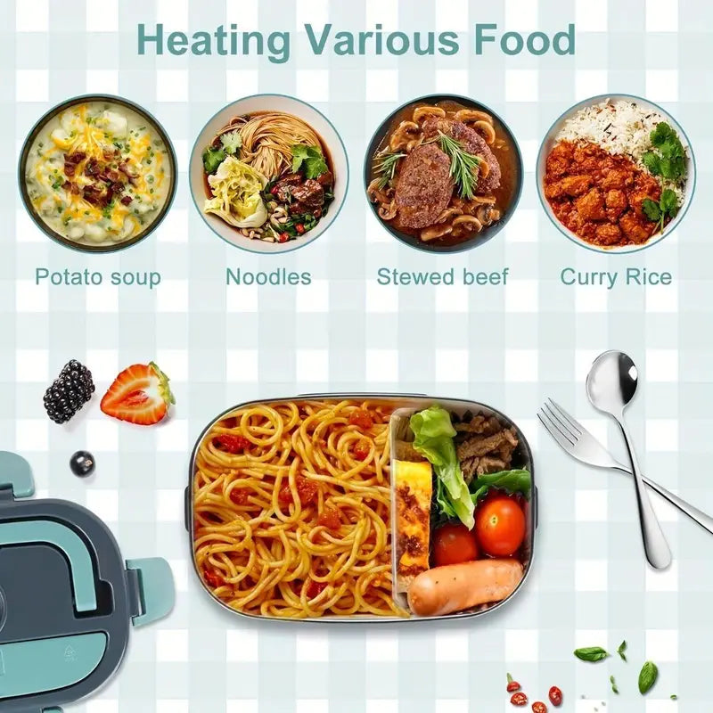 Electric Heated Lunch Box for Car Truck Office, 80W 12V 24V 110V Portable Food Warmer with 1.5L Stainless Steel Container, Leak Proof Heatable Bento Box with Fork Spoon Bag, Kitchen Accessories Perfect Gift