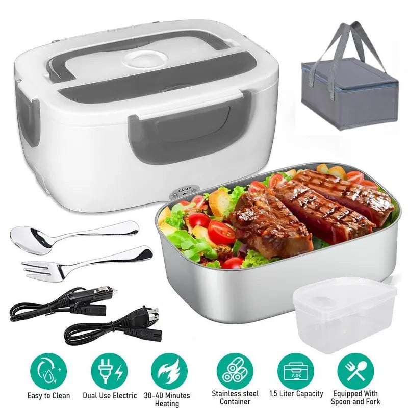 Modern Stainless Steel Insulated Heated Lunch Box with Tray, Lid, Plastic Fork, Spoon, Insulated Bag & Tableware Bag - 12V-24V Car Portable Food Warmer with 2 Different Plugs, 360° Even Fast Heat, Temperature-Controlled for Truck Drivers, Travel