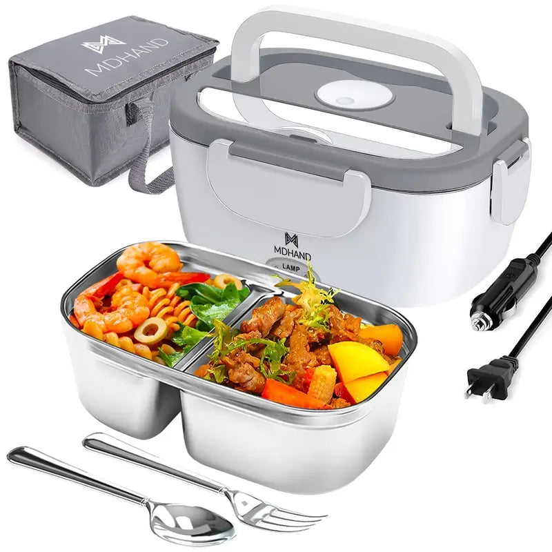 Modern Stainless Steel Insulated Heated Lunch Box with Tray, Lid, Plastic Fork, Spoon, Insulated Bag & Tableware Bag - 12V-24V Car Portable Food Warmer with 2 Different Plugs, 360° Even Fast Heat, Temperature-Controlled for Truck Drivers, Travel
