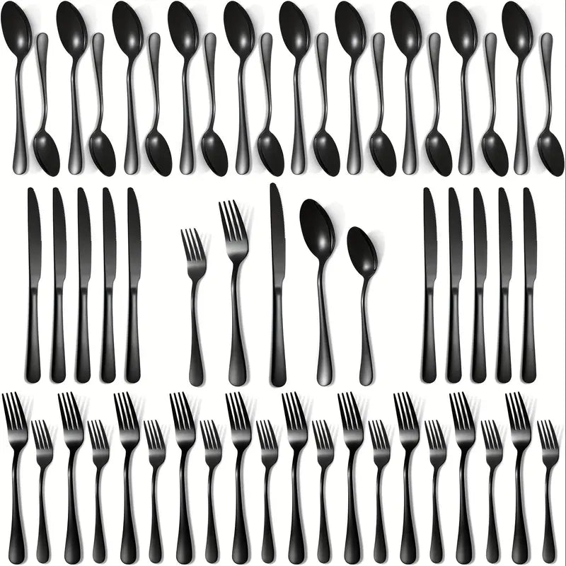 Sebastian CADIA Food-Grade Stainless Steel Cutlery Set (30/48/60-Piece) - Reusable, Dishwasher-Safe, Black Fork/Knife/Spoon - Adult, Everyday, Irregular, Western-Chinese Fit Tableware Kit - Dinnerware Service Set, Home Essentials