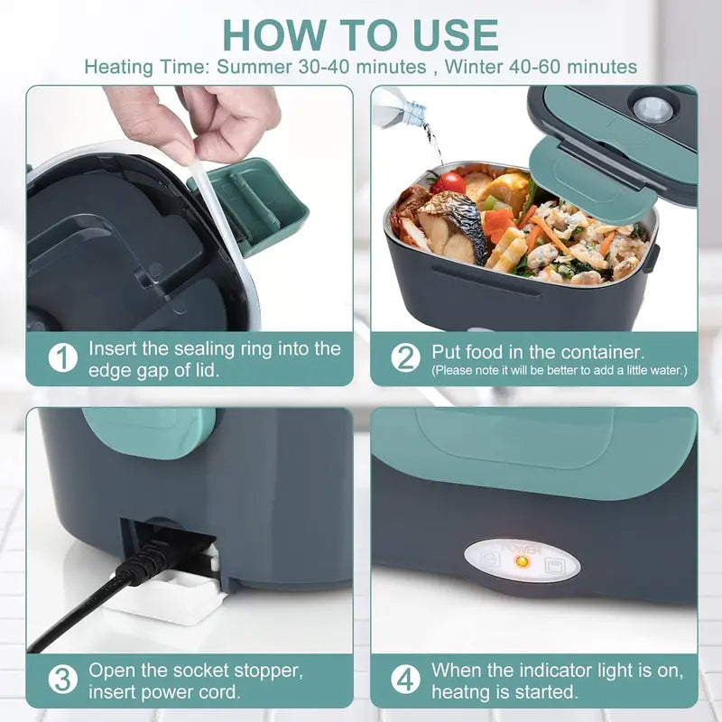 2-in-1 Electric Heating Durable Bento Box for Adults - Leakproof Lunch Box with Handle, 4 Removable Stainless Steel Containers, 2 Plugs (110V-12V-24V 60W) for Car/Truck/Home, Kitchenware Tableware