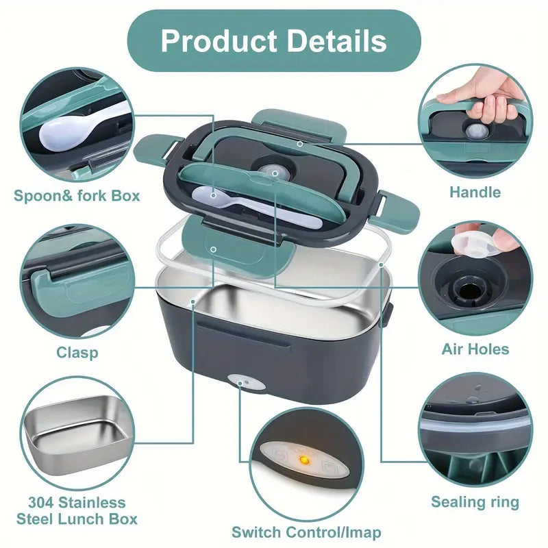 2026 60W Electric Lunch Box, 60.87oz Larger Food Warmer with Self-Heating Function, 12V-24V-110V Portable Heater for Car, Truck, Travel, Leakproof Removable Container with Tableware for Adults
