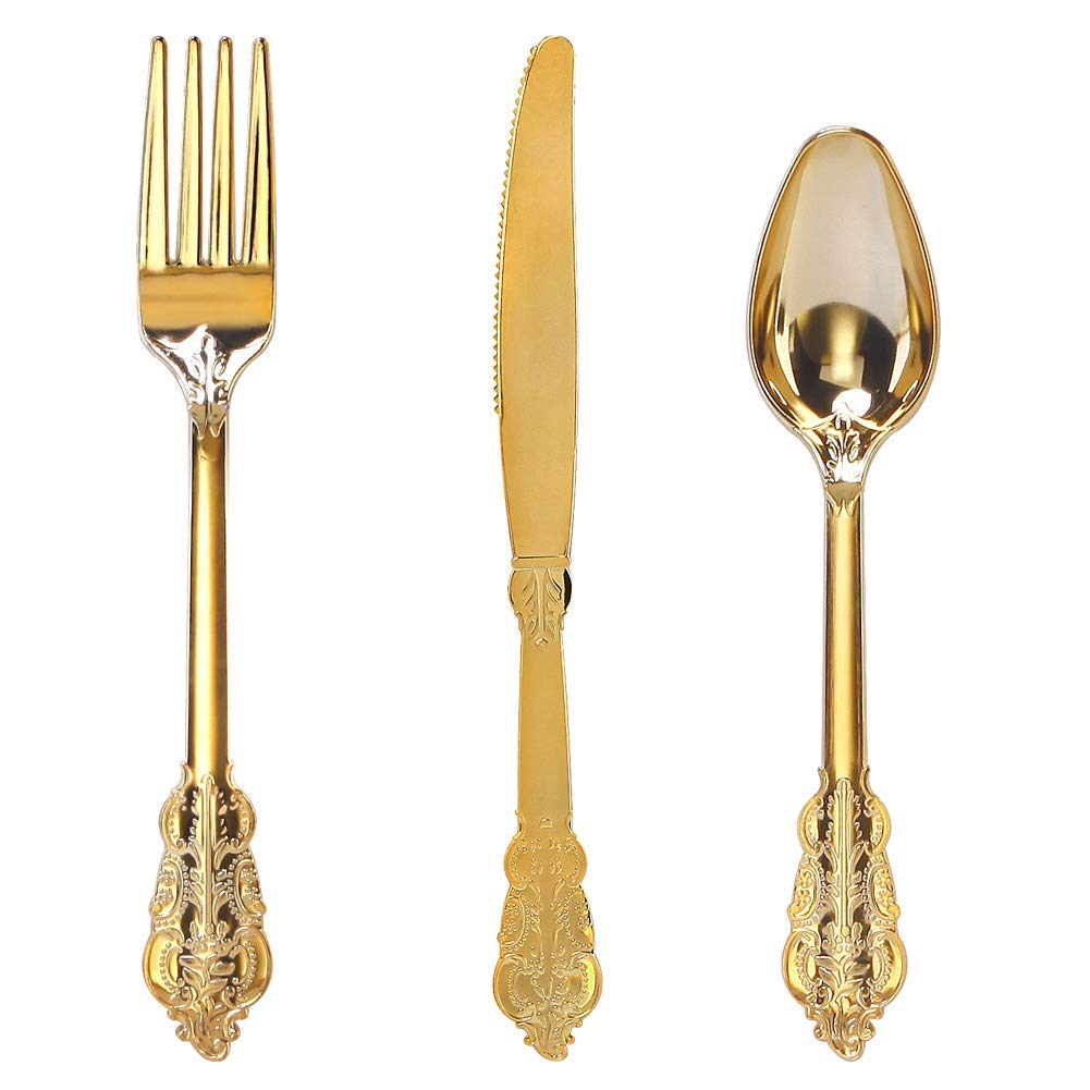 WDF300 Pieces Gold Plastic Silverware - Heavy Duty Disposable Cutlery Set Plastic Gold Silverware Set Includes 100 Forks, 100 Spoons, 100 Knives for Party/Baby Shower/Wedding/Birthday/Thanksgiving
