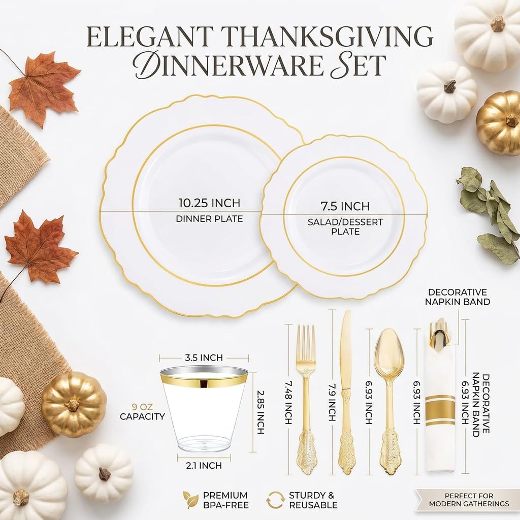Liacere 350PCS Gold Plastic Plates-Disposable White and Gold Plates Baroque Plastic Dinnerware include 100Plates, 50Pack Pre Rolled Napkins with Silverware 50Cups for Wedding&Thanksgiving&Fall Party